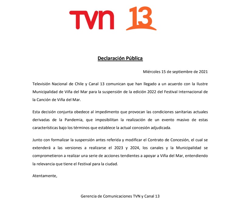 Comunicado Festival De Viña
