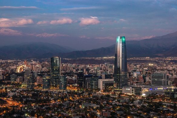Night Time Aerial View Of The City Including The Torre Santiago (tallest Building In South America, 300m), From Cerro San Cristobal Of Santiago, Chile