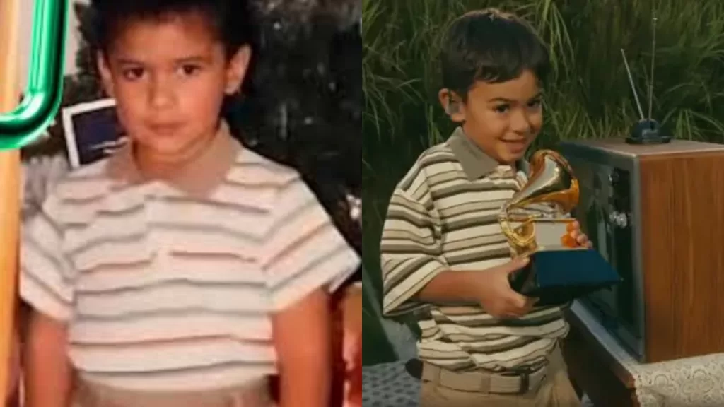 Fotografía de Bad Bunny cuando pequeño y el niño que recibió el Grammy en el Super Bowl