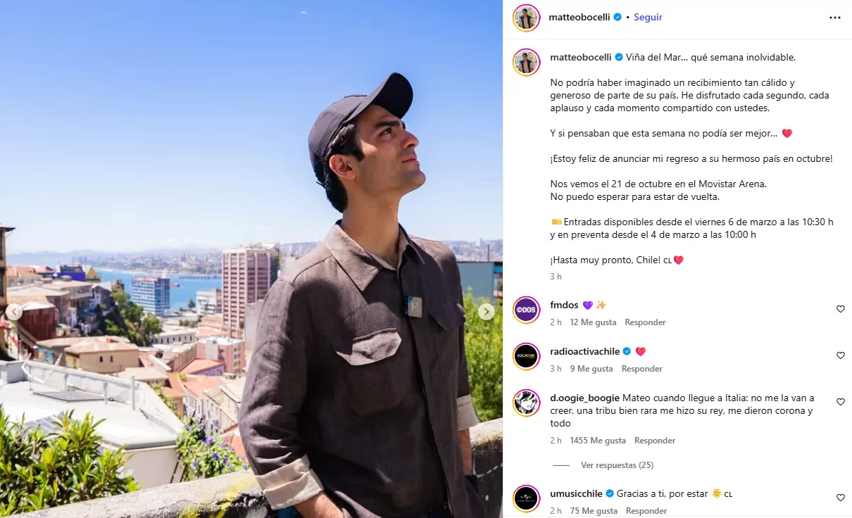 Post de Matteo Bocelli en Instagram